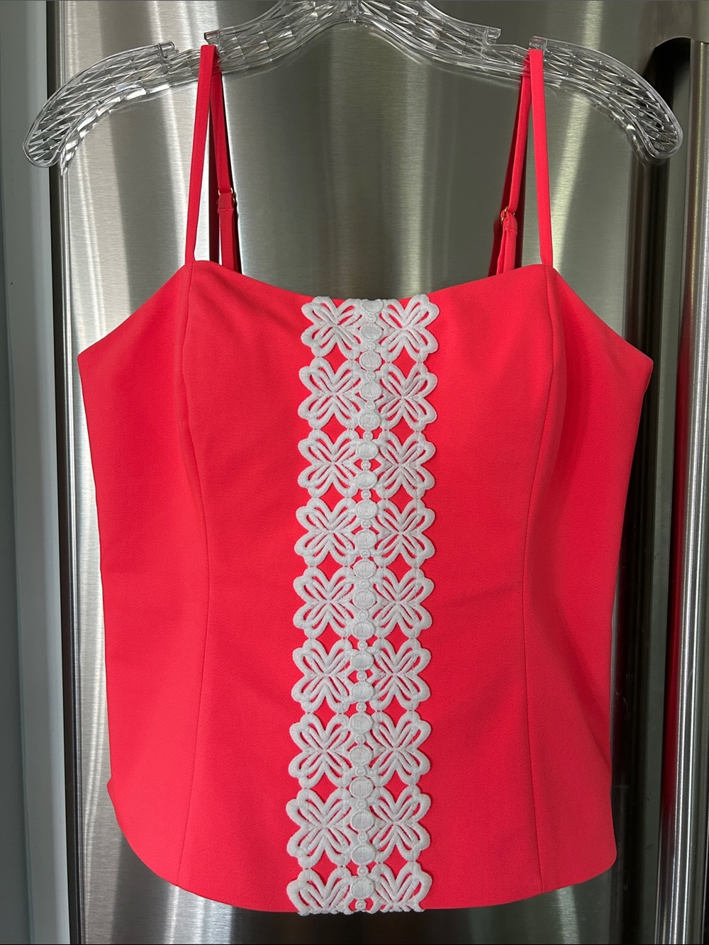 Lilly Pulitzer Shelli Stretch Top in Cane Coral White Lace Trim